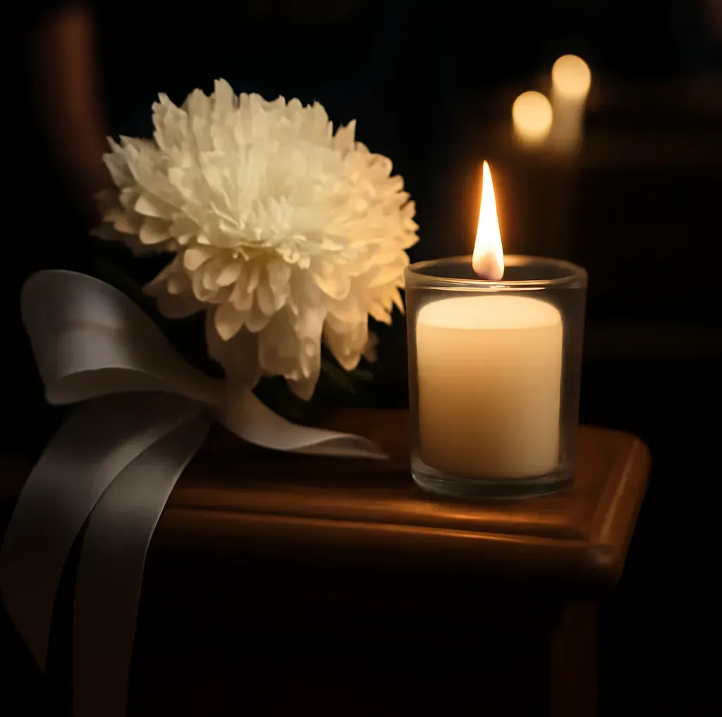 Bougie allumée et chrysanthème blanc pour une cérémonie d'hommage.
