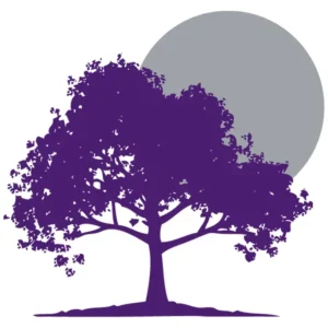 Silhouette d'arbre violet devant un cercle gris sur fond blanc.