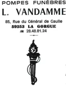Ancien logo des pompes funèbres L. Vandamme à La Gorgue avec torche.